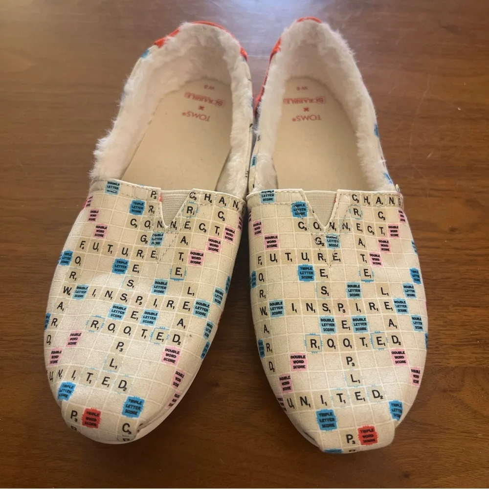 Toms x Scrabble Slip On Casual Alpargata Flats Faux‎ Fur Lined Womens 8